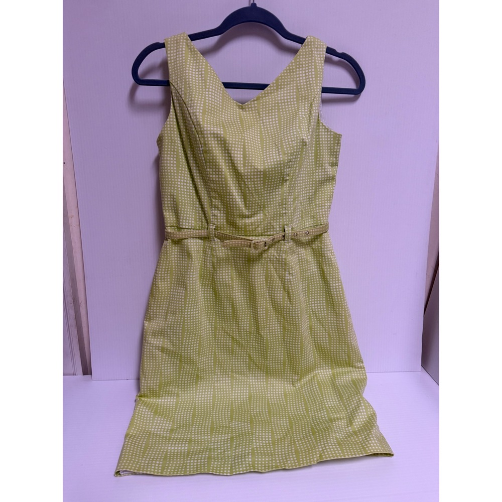 Worthington Petite Lime Green Polka Dot Belted V-Neck Sheath Dress Size 6P